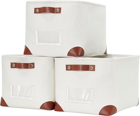 DECOMOMO White Storage Bins Fabric Storage Baskets for Shelves & Linen Closet Organization (Creamy White W/Label holder, Large - 3 Pack)