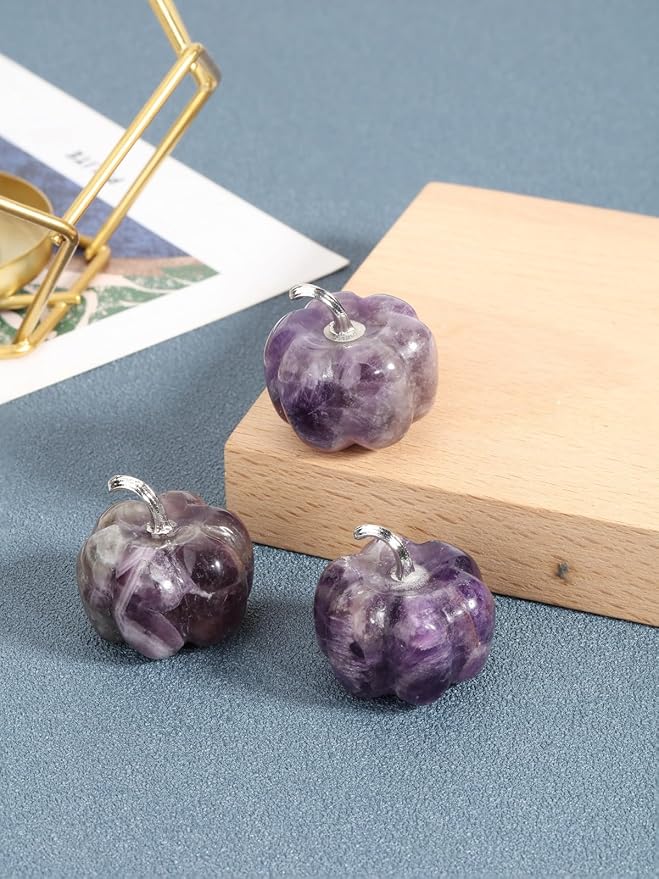 Jovivi Amethyst Crystal Pumpkin Figurine, 1.2" Mini Carved Gemstone Pumpkin Statue Decor Healing Stones Decorative Ornaments for Fall Harvest Thanksgiving Halloween Decorations Home Decor