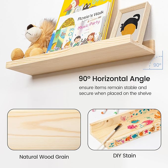 Pine Wood Nursery Book Shelves 3 Pack, Floating Ledge Shelves for Kids' Room, Bedroom, Bathroom, Long Floating Shelves for Wall, Natural