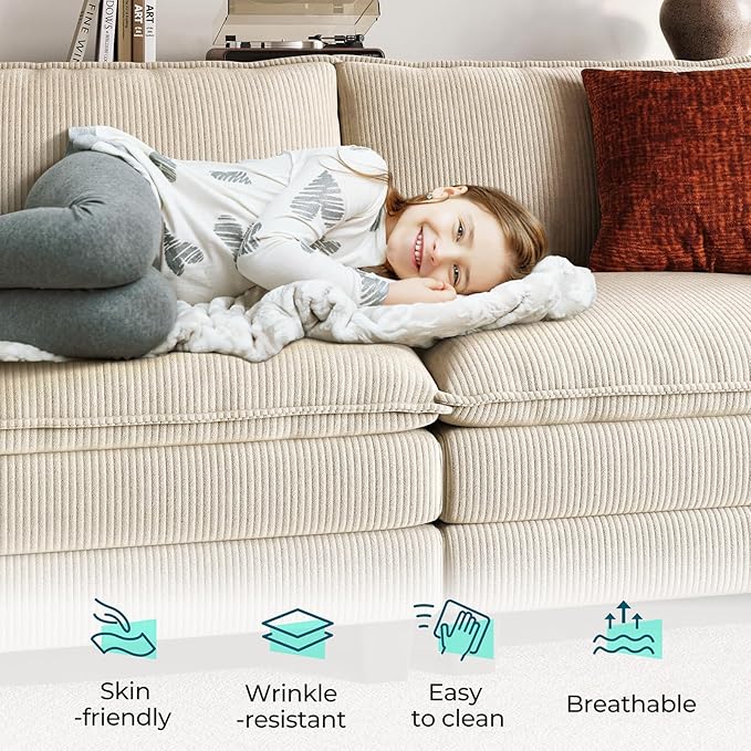 LINSY HOME Modular Sectional Sofa - 157'' Comfy Corduroy Cloud Sofa Oversized U Shaped Couch with Movable Ottoman, Soft Modern Sofa for Living Room Apartment, Beige