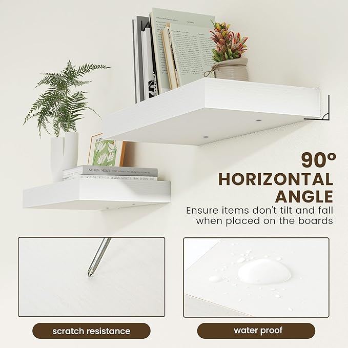 Deep Floating Shelves, 24''W x 12''D Floating Shelves White Set of 2, 12 Inch Deep Large Wood Shelves for Books Living Room Bathroom Laundry Room Bedroom Kitchen Home Office - White