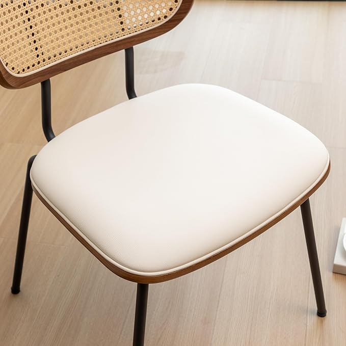 Rattan Dining Chairs Set of 2, Mid Century Modern Dining Chairs with Cane Back for Kitchen Dining Room, 19 Inch Faux Leather Beige