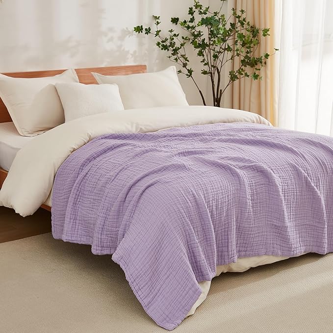 EMME Cotton Blanket Queen Size for Bed Soft Large Muslin Bed Blankets 80"x90" Lightweight Breathable All Season Gauze, Lavender