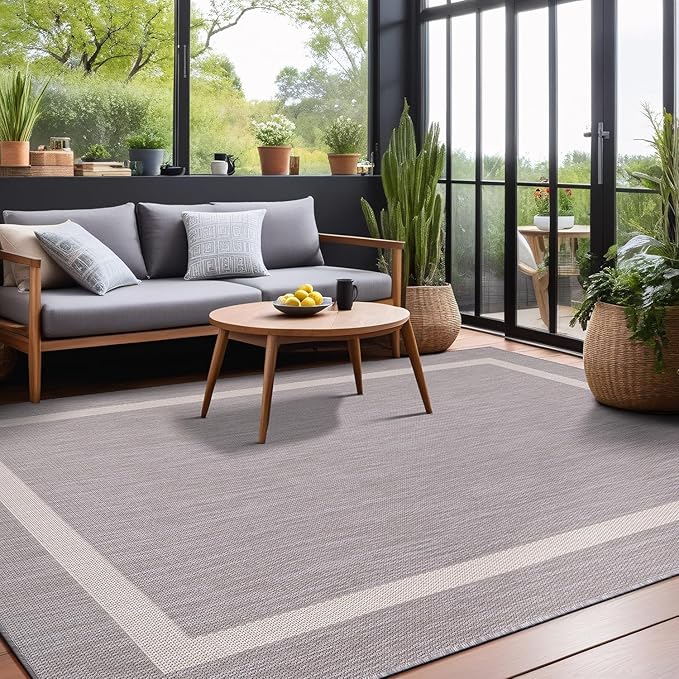 Bordered Outdoor Rug 8x10 Washable Outside Carpet for Indoor Patio Porch Waterproof Easy Cleaning Non Shedding Area Rugs Gray 8 x 10
