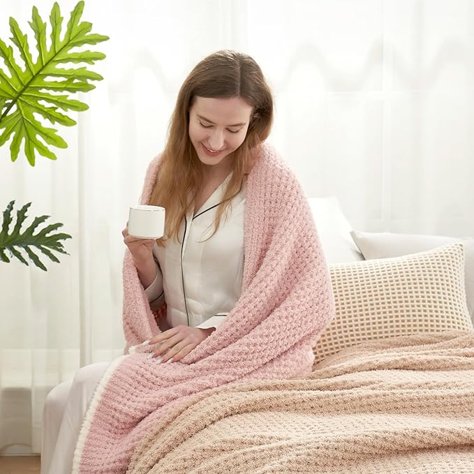 Snuggle Sac Pink Waffle Bedding Blankets Queen Size 90x90 inches, Reversible Microfiber Fluffy Fuzzy Soft Throw Cozy Knit Blanket for Women Mothers Birthday Gifts