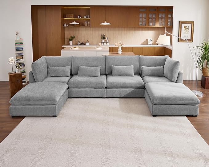 Oversized Modular Sofa, Extra Deep Cloud Chenille Sectional Couch with Ottoman Chaise, Fluffy Chenille 6 Seat U-Shaped Sofa for Living Room, Villa (U Shape 6 Seater, Chenille Grey)