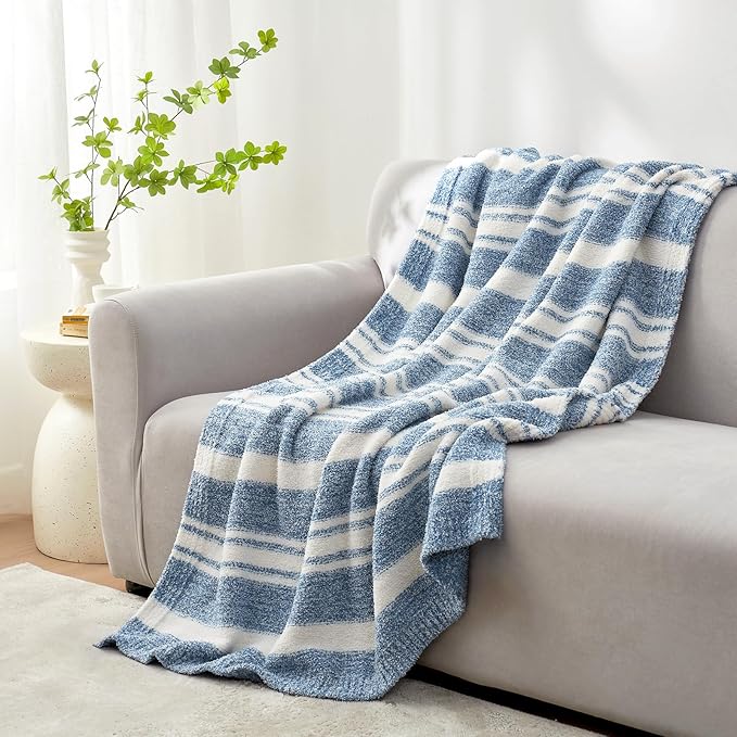 Snuggle Sac Stripe Blue Blankets Luxurious Microfiber Fabric, Reversible Super Soft Bedding Blankets Warm Cozy Knit Fuzzy Plush Blanket for Bed,Couch,Sofa,Living Room, Blue Stripe,60x80 inches