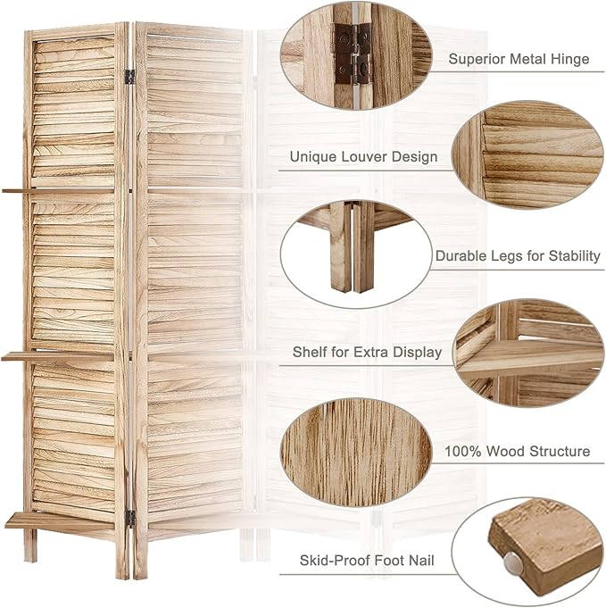Room Divider with Shelves, Privacy Screen, Room Dividers and Folding Privacy Screens, 5 Panel Wood Temporary Wall Partition Separation Separator, Natural