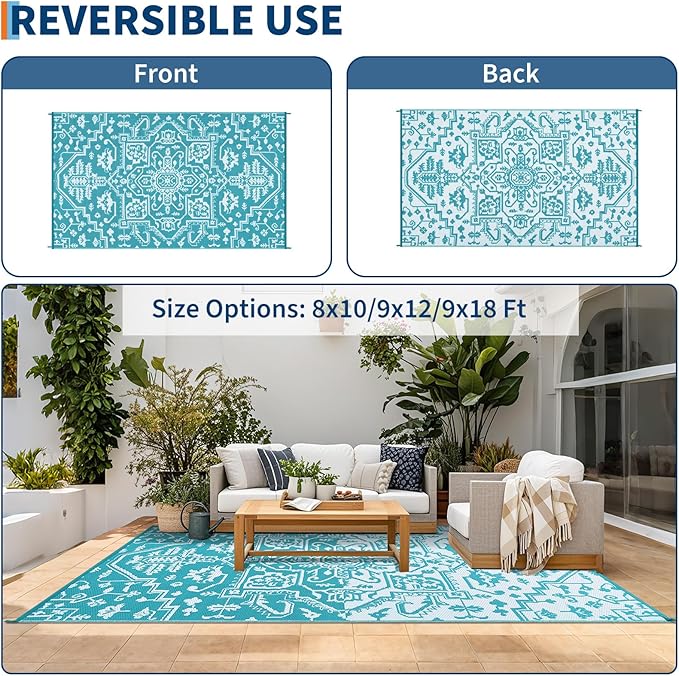 Outdoor Rug 9x12 Waterproof Reversible Plastic Straw Patio Rug, Stain-Resistant Vintage Medallion Carpet, Large Easy-Cleaning Indoor Outdoor RV Mat for Deck, Camping, Balcony, Light Blue/White