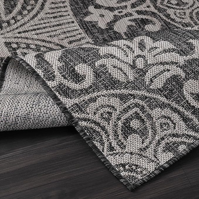 Medallion Outdoor Rug 10x14 Washable Outside Carpet for Indoor Patio Porch Waterproof Easy Cleaning Non Shedding Area Rugs Dark Gray 10 x 14