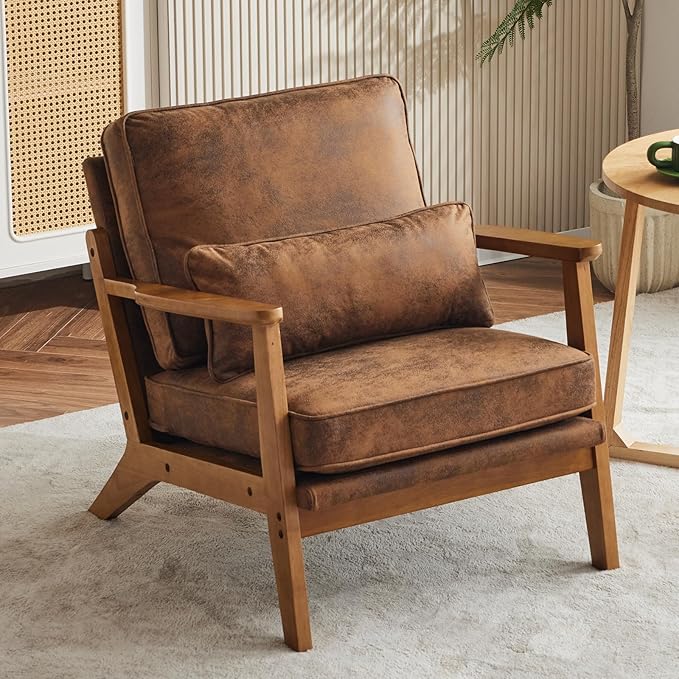 Karl home Accent Chair Wide Armrest Mid-Century Lounge Chair Bronzing Cloth Armchair with Lumbar Pillow & Solid Wood Frame for Living Room, Bedroom, Balcony, Brown