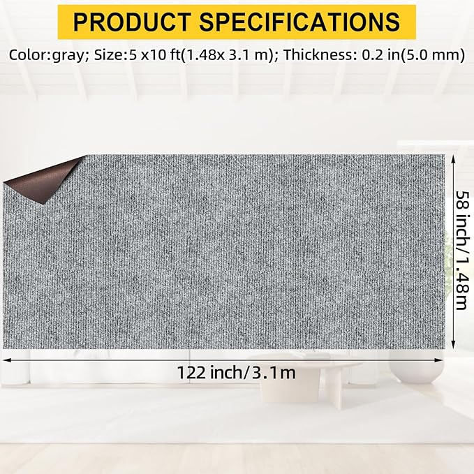 Marine Carpet,5 FT x 10 FT Smoke Gray Indoor Outdoor Carpet 0.2" Thick Boat Carpet with Water-Proof TPE Backing, Non-Slide Outdoor Marine Carpet Roll for Home, Patio, Porch, Deck
