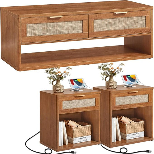 LEYAOYAO Boho Rattan Coffee Table Sets 3 Pieces, Nightstand with Charging Station and Coffee Table with Hidden Storage Compartment, Brown Living Room Table Set, Wood Furniture Sets for Home Office