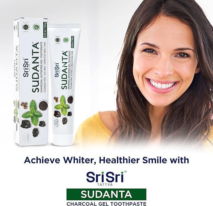 Sri Sri Tattva Sudanta Charcoal Toothpaste Gel – SLS, Fluoride Free Herbal Toothpaste with Neem & Ayurvedic Herbs – Natural Teeth Whitening, Fresh Breath, Oral & Gum Health – 100g Tube (Pack of 2)
