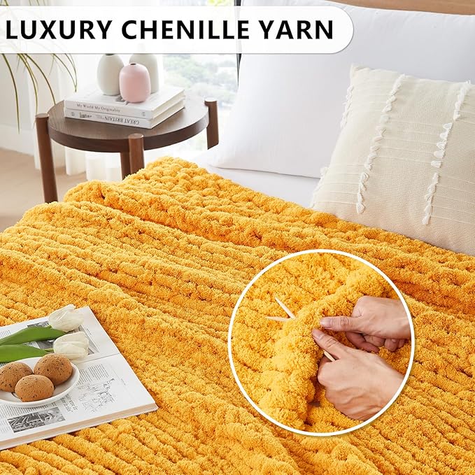 L'AGRATY Chunky Knit Blanket Throw: 72''x84'' Chenille Chunky Knitted Throw Blanket for Bed Couch - Handmade Thick Big Cable Knit Blanket - Large Chunky Crochet Rope Blanket for Home Decor(Yellow)