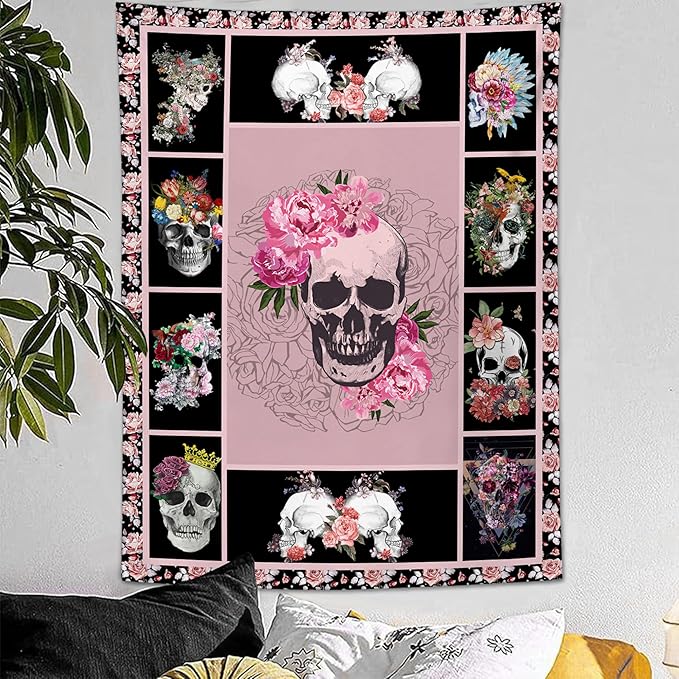 yowecso Sugar Skull Tapestry Horror Skeleton Tapestry Wall Hanging for Bedroom Rose Skull Tapestries Aesthetic Wall Decor for Home Dorm Living Room 50"x60"