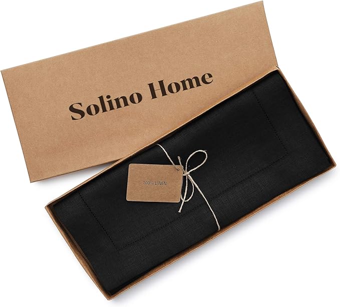 Solino Home Linen Black Table Runner 36 Inches - Classic Hemstitch, 100% Pure Linen Coffee Table Runner 14 x 36 Inch Ideal for Dresser Tables - Fall, Autumn, Halloween, Thanksgiving
