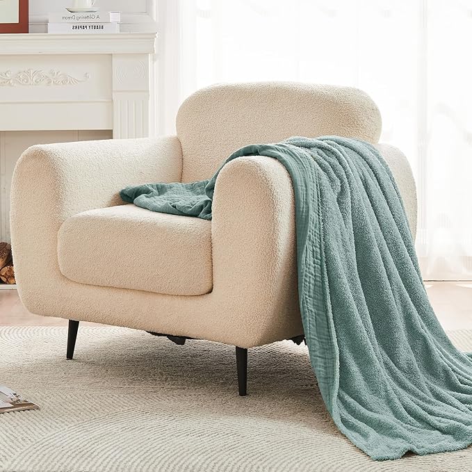 EMME Muslin and Fleece Twin Blanket Reversible - 60"*80" Teal Soft Warm Throw Blankets for Couch Bed Picnic Travel Bed