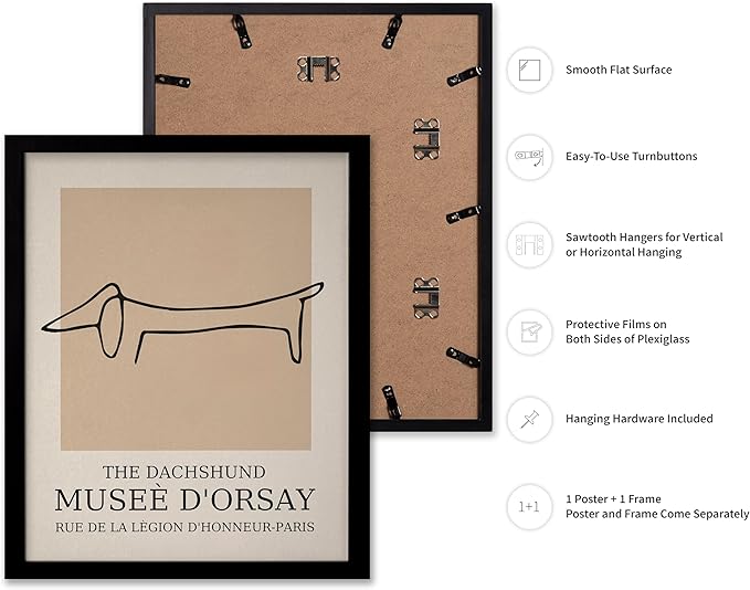 Poster Master Vintage Poster - Retro Minimalist Print - Gift for Artist, Housewarming - Dachshund Dog, Line Drawing, Abstract - Wall Decor for Living Room, Bedroom, 8x10 Black Framed