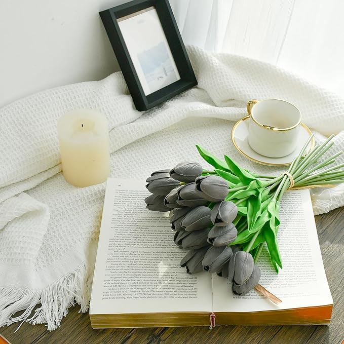 Mandy's Artificial Tulips 20 Stems Dark Grey PU Faux Flowers for Wedding Home Decor 13.5 Inch