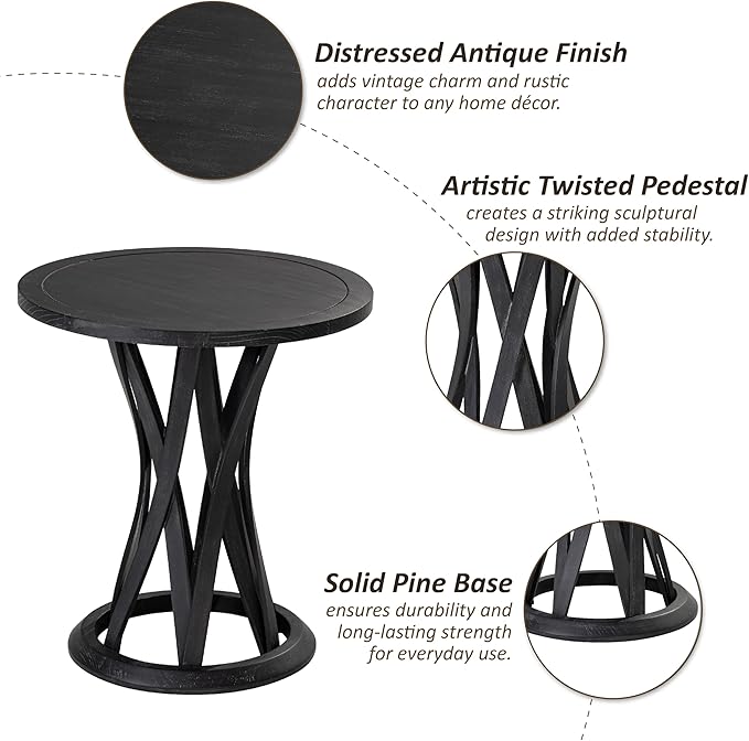 Round Farmhouse End Table with Crisscross Pedestal Base, Distressed Finish Side Table Rustic Accent Table for Living Room, Pine Wood, Black