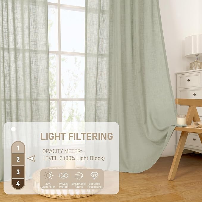 LAMIT Linen Curtains 63 inch Length 2 Panels for Living Room, Light Filtering Panels Bronze Grommet Neutral Textured Drapes for Bedroom/Office, Sage Grey, 34 x 63 Inch