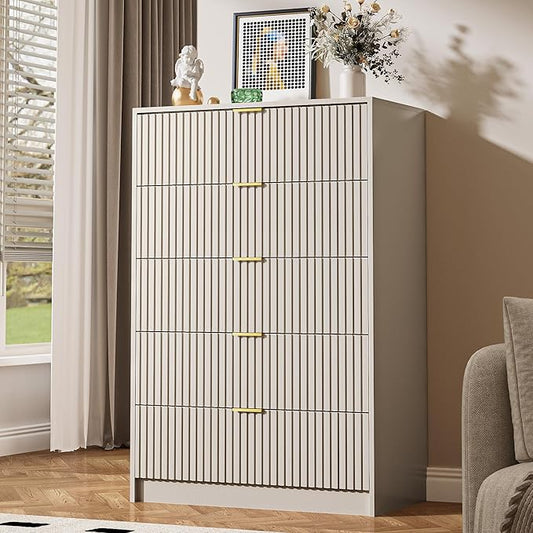 5 Drawer Dresser for Bedroom, Tall Dresser Chest of Drawers with Gold Handles, 32 Inch Wide Nightstand with for Bedroom, Living Rooms, Offices, and Entryways, Beige