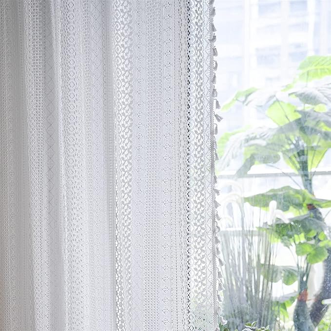Sutuo Home White Crochet Boho Curtain 96 Inches Long, Sheer Lace Handmade Tassels Knitted Window Treatment Vintage Rustic Bohemian Farmhouse Drape for Bedroom Rod Pocket 1 Panel 59" W x 96" L