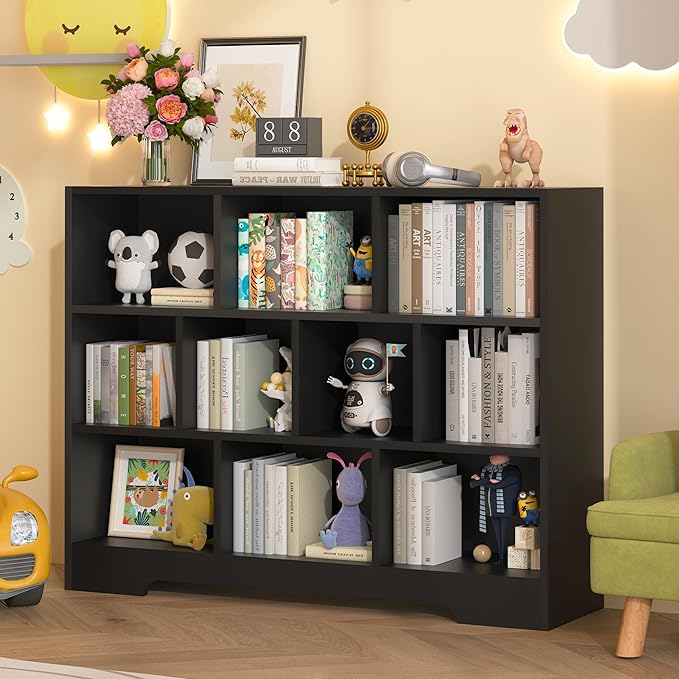 Book Shelf Set of 2, 10 Cubes Storage Organizer, 3-Tier Open Bookshelf Wooden Bookcase, Freestanding Black Bookshelf Cube Shelf for Bedroom, Living Room, Home Office