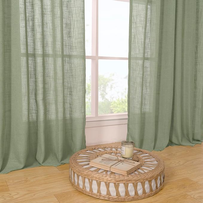 LAMIT Semi Sheer Linen Curtains 36 Inch Length, Light Filtering Panels Bronze Grommet Boho Neutral Christams Window Drapes for Kitchen/Small Windows/Cafe, Sage Green, 34 x 36 Inch, 2 Panels