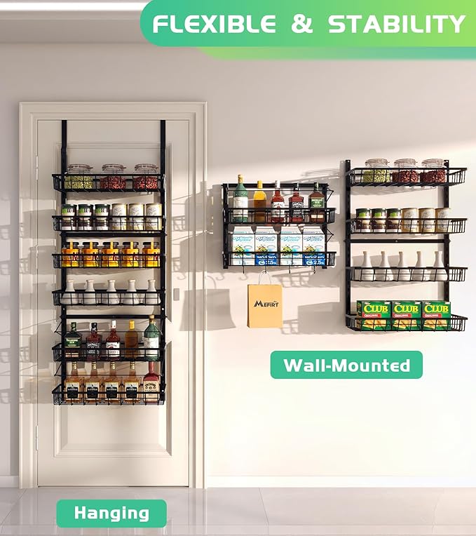Over The Door Pantry Organizer, Pantry Storage and Organization, 6-Tier Adjustable Hanging Baskets, Metal Wall Mount Spice Rack Seasoning Shelves for Home & Kitchen, Laundry Bathroom - Black