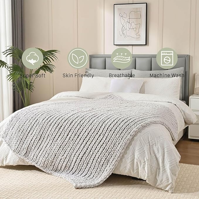 Esterra Chunky Knit Blanket Throw 60"x80", 100% Hand Knitted Chenille Throw Blanket, Cozy Soft Thick Cable Knit Throw Large Rope Knot Crochet Throw Blanket for Sofa Couch Bed, Light Gray