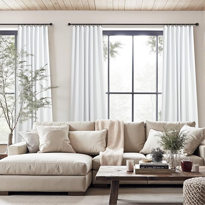 Thick Linen Blackout Curtains 105 Inches Long 2 Panels Set White Custom Length Heat Cold Draft Blocking Winter Curtains Back Tab Pocket Large Window Drapes for Office Home Living Room Bedroom 52 Wide
