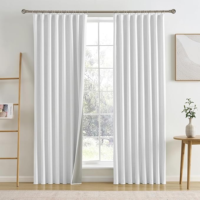 RAIN CITY Snow White Black Out Curtains 84 Inches Long Textured Bedroom Curtains for Track System Hooks Back Tab 2 Panels 50 x 84