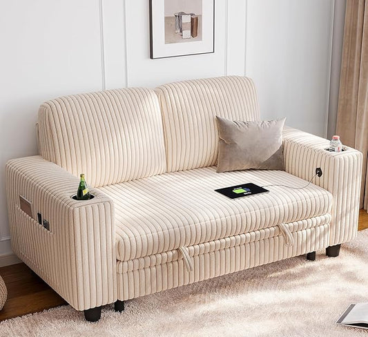 LINSY HOME Loveseat Sofa with Storage - Comfy Plush Corduroy 2 Seater Sofa with USB Charging & Cup Holders, Deep Seat Love Seat for Small Spaces Living Room Bedroom Apartment, Beige