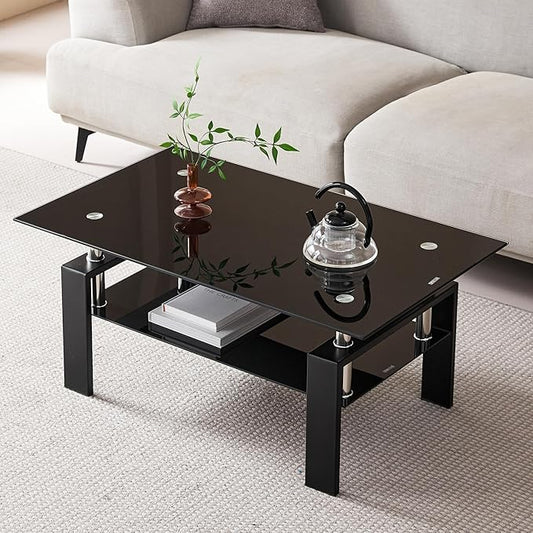 Black Glass Coffee Table for Living Room, Mordern Rectangle Tempered Glass Sofa Center Tables with Black Metal Leg for Home Office