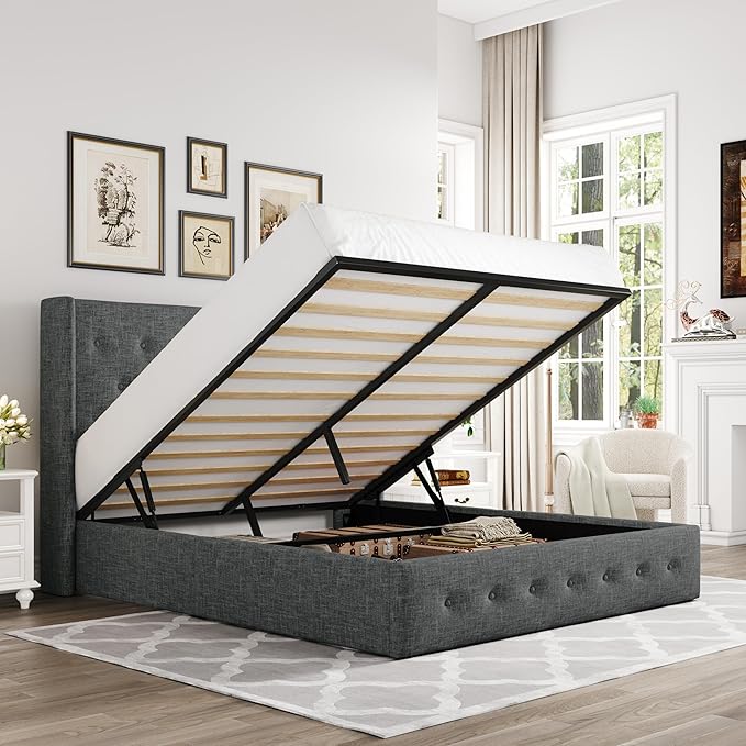 Allewie Queen Size Lift Up Storage Bed, Button Tufted Headboard with Wingback, Hydraulic Support, No Box Spring Needed, Dark Grey