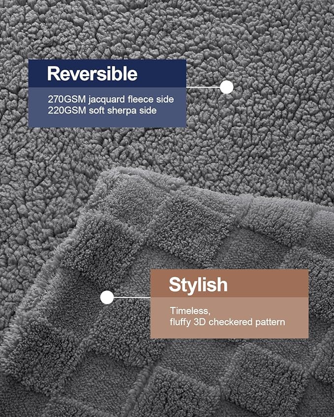 Pawque Super Soft Cozy Throw Blanket Queen Size for Couch Bed, Fluffy Sherpa Fleece Reversible Thick Warm Fuzzy Blanket for All-Season, 3D Checkered Jacquard Decorative Blankets, Grey, 90"x90"
