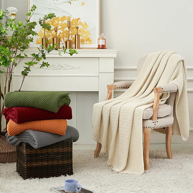 Longhui bedding Chunky Cable Knit Throw Blanket Lightweight Burgundy 100% Organic Cotton Blanket for Sofa Couch Bed Baby Nursery, Rustic Shabby Chic Modern Farmhouse, 51” x 63” Give Laundering Bag