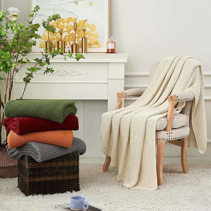 Longhui bedding Chunky Cable Knit Throw Blanket Lightweight Olive Green 100% Organic Cotton Blanket for Sofa Couch Bed Baby Nursery, Rustic Shabby Chic Modern Farmhouse, 60” x 80” Give Laundering Bag