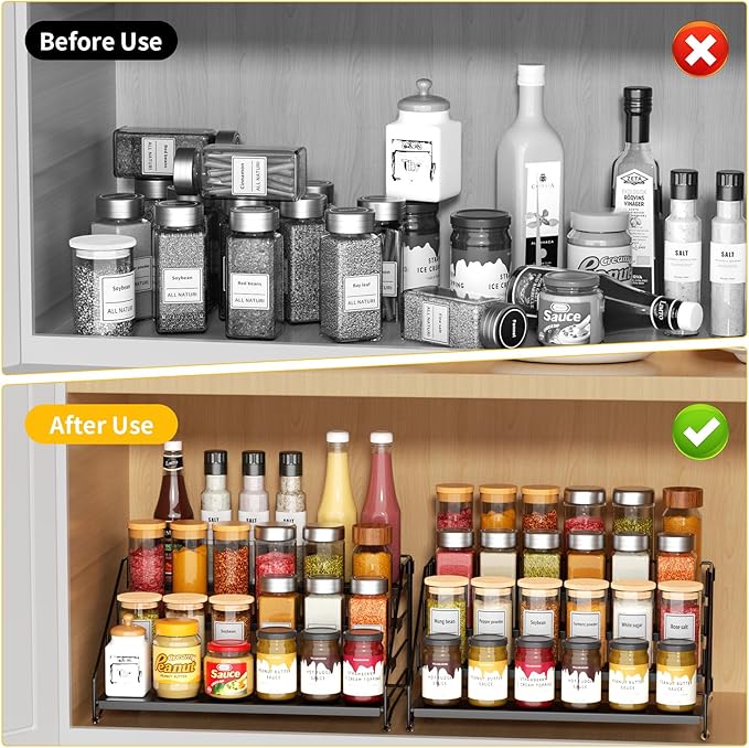 RCHYFEED Spice Rack Organizer for Cabinet Pantry,4 Tier Spice Rack Countertop,Tierd Spice Organization Easy Visibility, Depth Adjustable Seasoning Organizer for Cabinet (Black, 2Pack)