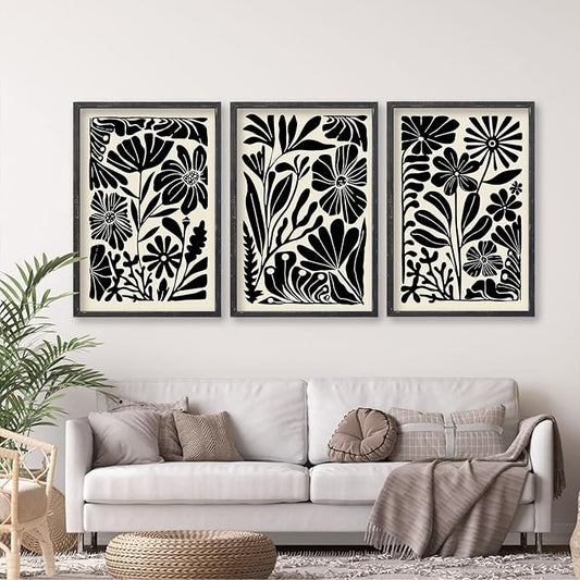 Abstract Floral Botanical Wall Art 16x11 Inch 3 Piece Black Vintage Boho Plant Flower Minimalist Wood Frame Sign Home Living Room Family Office Mid Century Print Wall Hanging Decor (Black)