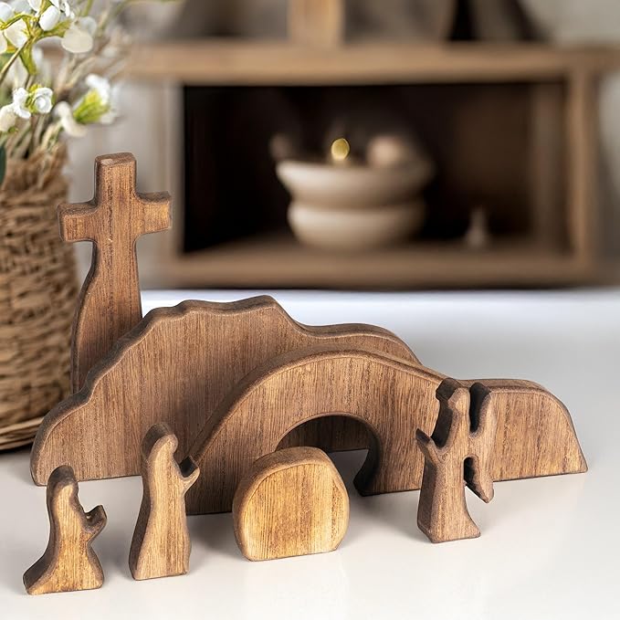 NEROSUN Empty Tomb Easter Scene and Cross Decoration, Wooden Easter Resurrection Scene Cross Jesus Tomb Tray Set, Jesus Nativity Scene Decor for Religious Home Office Tabletop Christian Gifts