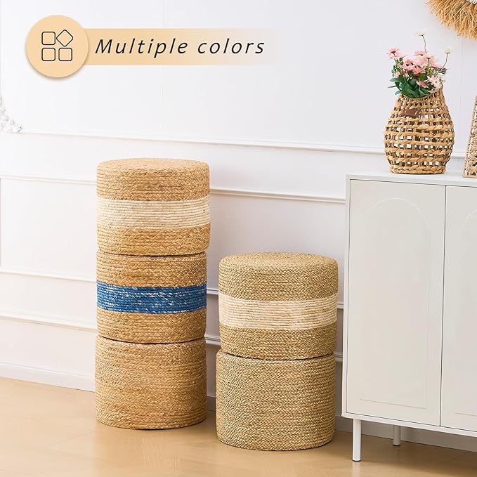 Handwoven Water Hyacinth Ottoman Pouf, Round Outdoor Footstool with Sturdy Frame, No Assembly Needed, Boho Accent Stool for Indoor & Outdoor Use – Patio, Balcony, Living Room (White)