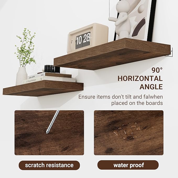 36 Inch Floating Shelves, 36"x9.25"x1.5" Inch Deep Floating Shelves for Wall, Wooden Shelves for Bathroom, Bedroom, Living Room, Brown