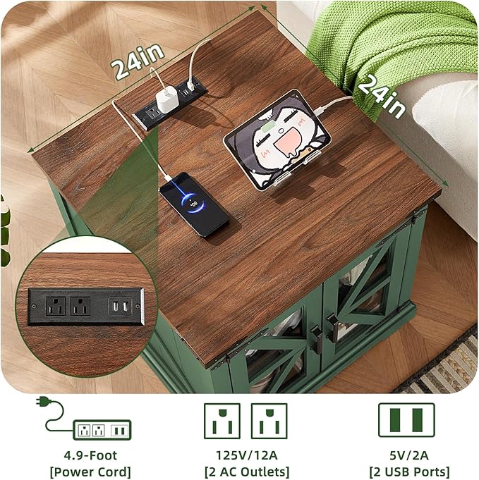 24" End Table with Charging Station, Farmhouse Night Stand with Glass Barn Door, Green Nightstands with Adjustable Storage Shelf, Large Wood Square Bed Side Table for Living Room, Bedroom