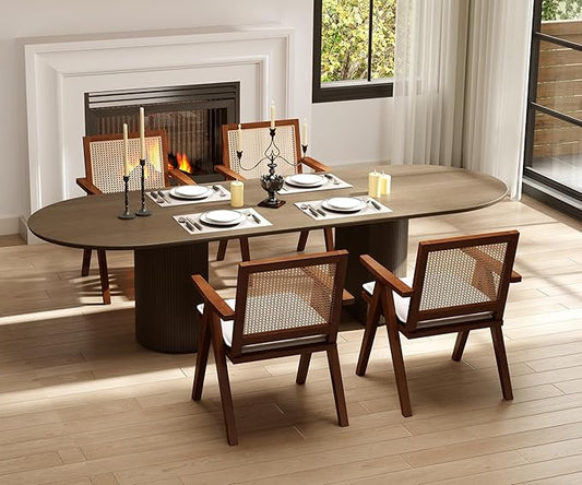 Rattan Dining Chairs Set of 4, Farmhouse Wicker Dining Chairs with Removable Linen Cushion Accent Cane Armchair for Dining Room Kitchen Restaurant, Walnut