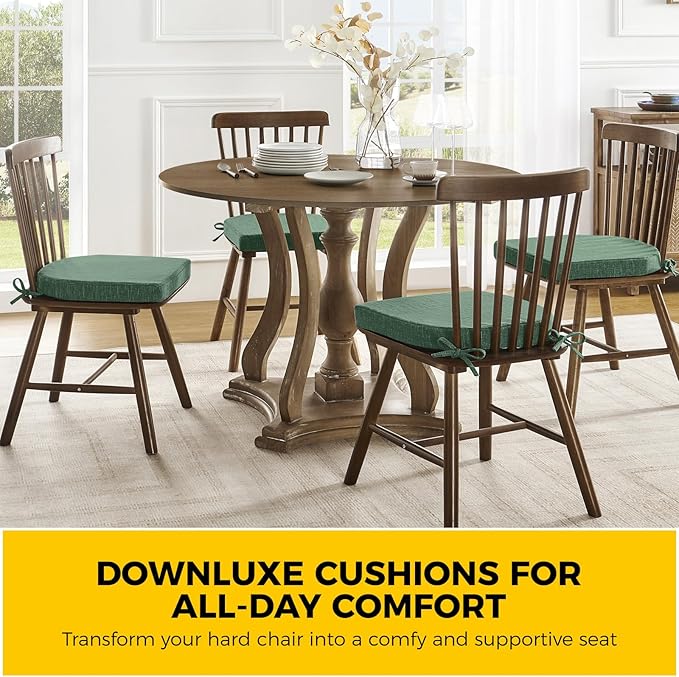 downluxe Indoor Chair Cushions for Dining Chairs, Soft and Comfortable Textured Memory Foam Kitchen Chair Pads with Ties and Non-Slip Backing, 16" x 16" x 2", Dark Green, 4 Pack