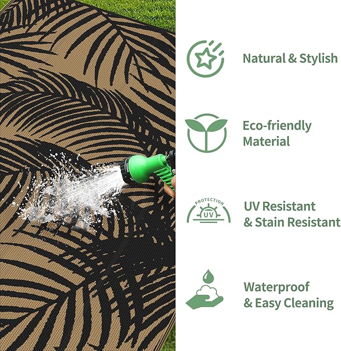 GENIMO Outdoor Rug 5' x 8' Waterproof for Patio Clearance, Reversible Plastic Straw Camping Carpet, Lightweight Mats for Rv, Backyard, Deck, Porch, Picnic, Beach, Balcony, Black & Brown
