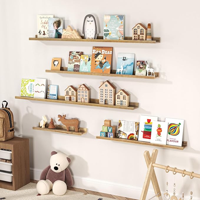 Floating Shelves for Wall, Picture Ledge Shelf 55 Inch Solid Wood Set of 2, Rustic Wall Shelves with Lip, Kids Bookshelf, Photo & Picture Live Edge Floating Shelves for Bedroom, Living Room, Kitchen